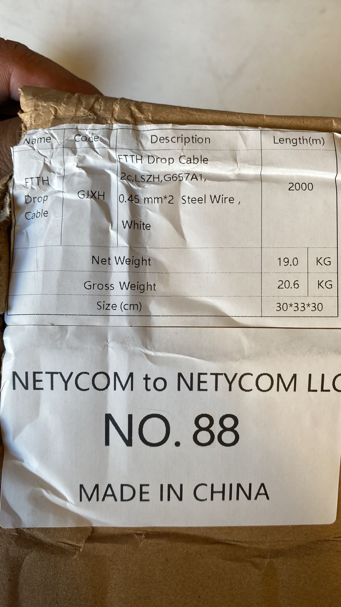 FTTH Indoor Outdoor Optical Fiber Drop Cable, G657A1, 2 Core Single Mode, LSZH White Jacket,1 Steel Wire+2 FRP Strength 2.000mt / 6560 fts