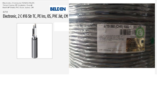 1 Pair (2 wires) Cable, 16awg (19x29) Belden, PVC Outer Jacket Tinned Copper Overall Beldfoil Shield, PE Insulat, CM.