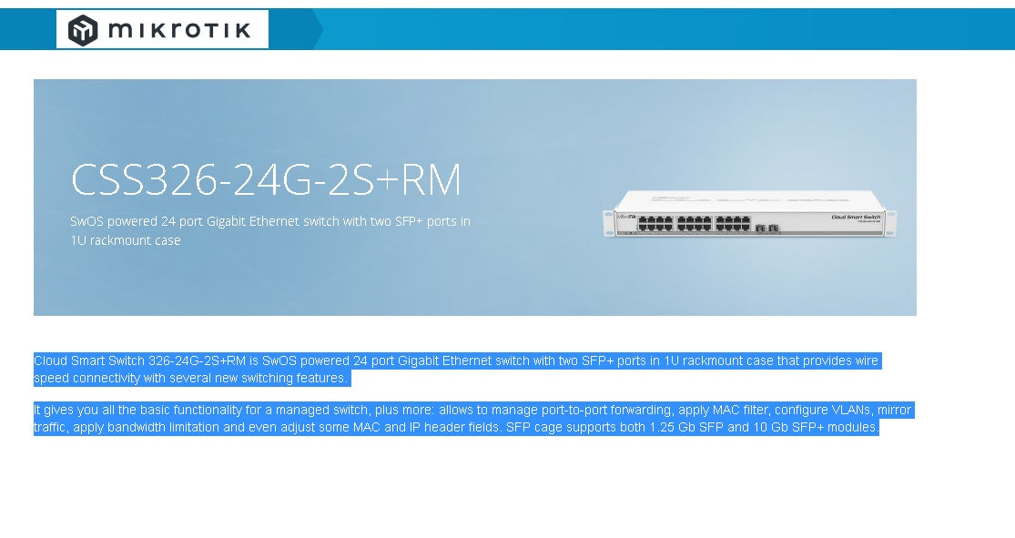 Switch 24 Ptos Mikrotik +2Sfp 1000Mbps Management Cloud Sw Series, Layer 2, Rack 1U OS v6, Level 5 license.