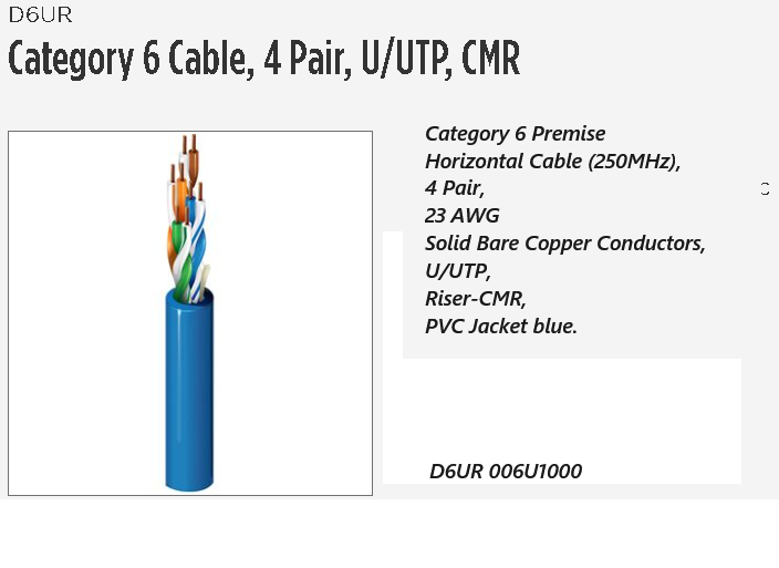 Belden Category 6 Utp Cable Premise Horizontal, 23 Awg, Solid Copper, Riser-CMR, Blue