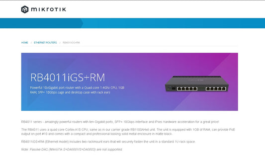 MikroTik RB4011 Ethernet 10-Port Gigabit Router.  RB4011iGS+RM