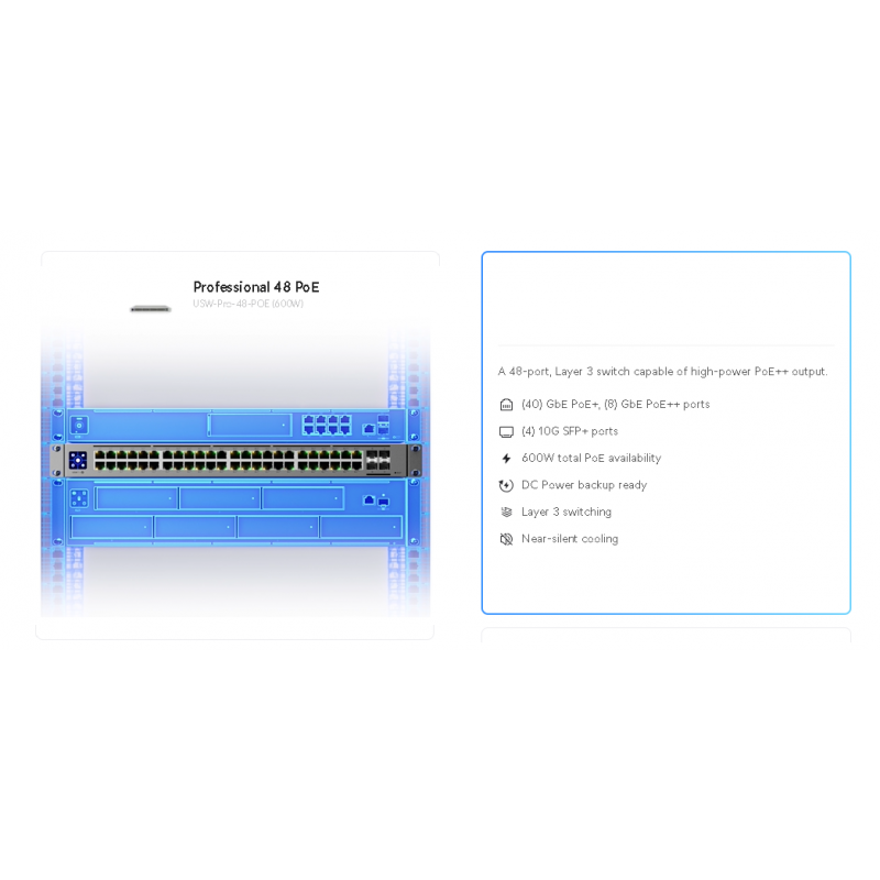 Switch 48p Giga 48x POE, 4Sfp 10Gb Unifi 8 GbE, 802.3bt y 40 Poe 802.3at, 600w Admin, L3 Sw Feat, fanless, USW-PRO-48-POE