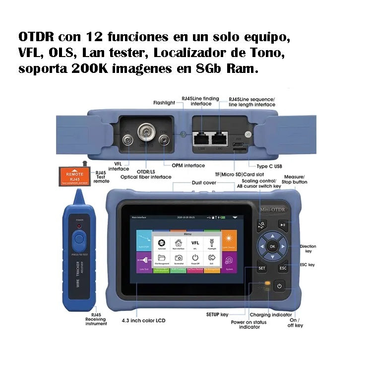 Mini OTDR-Pro SM 1310/1550nm 26/24dB, 4.3" Touchscreen Test Rang 5m-100Km, LAN Tester Built in OPM / OLS / RJ-45 / UTP / FTTX