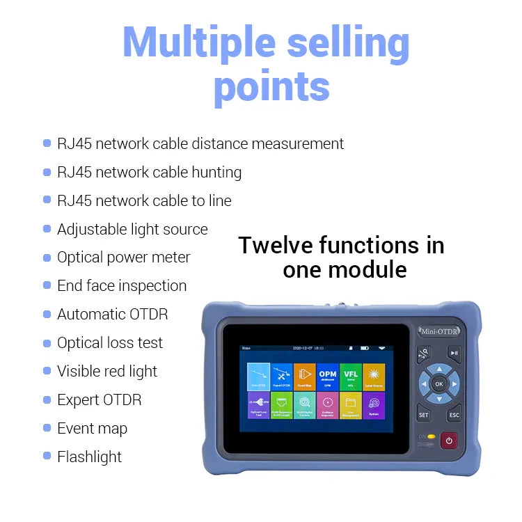 Mini OTDR-Pro SM 1310/1550nm 26/24dB, 4.3" Touchscreen Test Rang 5m-100Km, LAN Tester Built in OPM / OLS / RJ-45 / UTP / FTTX