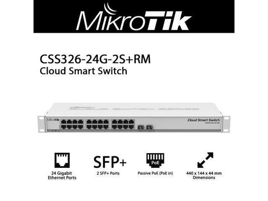 Switch 24 Ptos Mikrotik +2Sfp 1000Mbps Management Cloud Sw Series, Layer 2, Rack 1U OS v6, Level 5 license. Mikrotik.