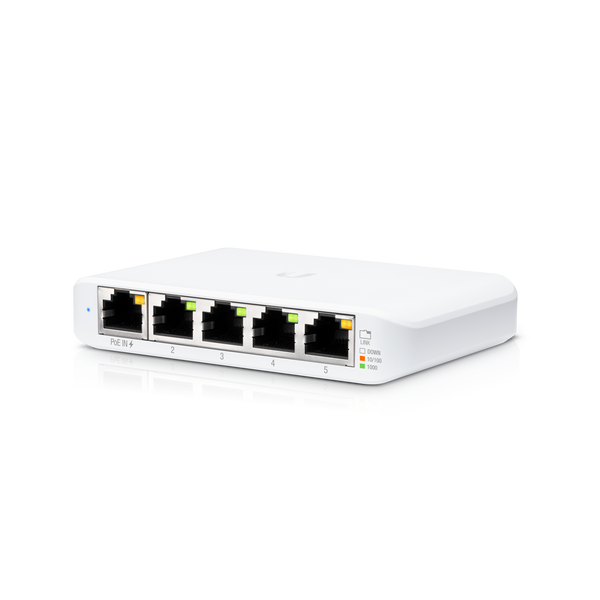 Switch Flex (5) GbE RJ45 ports, Fully Managed, Layer 2, 1 PoE input. The USW Flex Mini can be powered with either PoE (via Port 1) or its included USB-C power adapter
